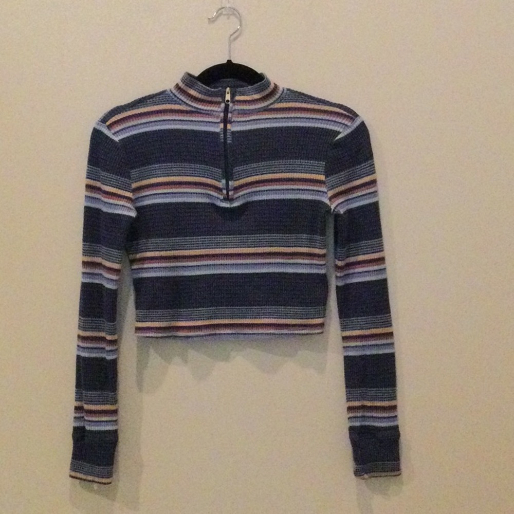 Striped Mock Neck Cropped Long-Sleeve Top